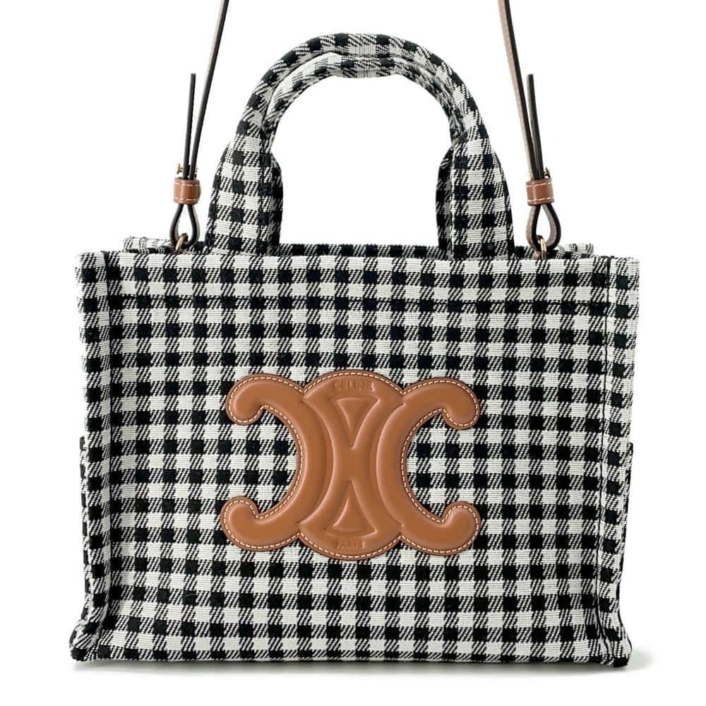Celine Cabas Thais Check Canvas Handbag Shoulder Bag Black White